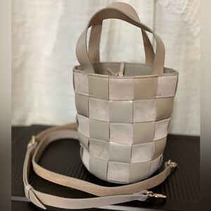 NWT J Crew Leather and Suede Woven Bucket Bag in Color Macadamia